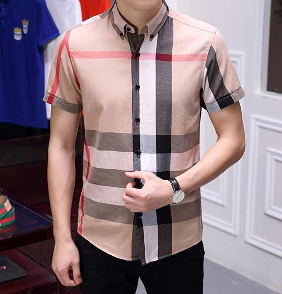 Burberry專賣店同款高等時尚休閑絲光棉短袖襯衫