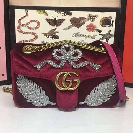 古奇高等刺繡天鵝絨珠鉆貼花刺繡女士單肩包446744