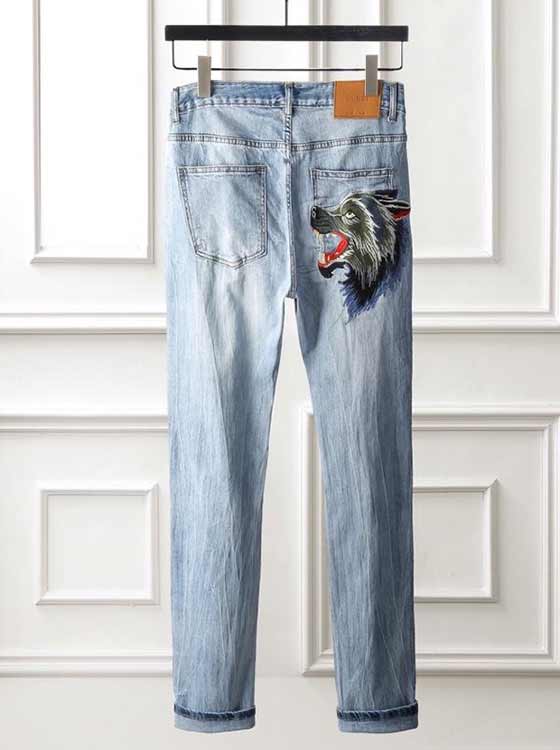 意大利Gucci古奇IT高等定制刺繡狼圖騰牛仔褲