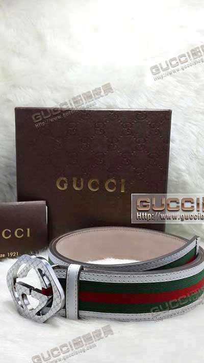 古奇男士條紋織物配皮雙G板扣帶頭腰帶皮帶G435