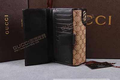 古琦三折帆布配皮休閑錢包 181593杏布啡皮