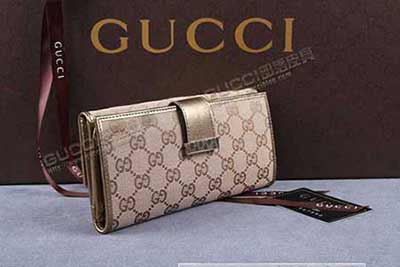 古奇單清新帆布復古防水三折長款錢包 212089淺杏布古銅皮