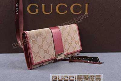 gucci 233028 淺杏布棗紅皮 古奇帆布配皮錢包
