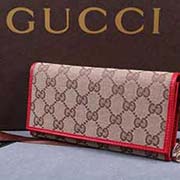 gucci 154185 杏布大紅皮 古奇帆布配皮錢包