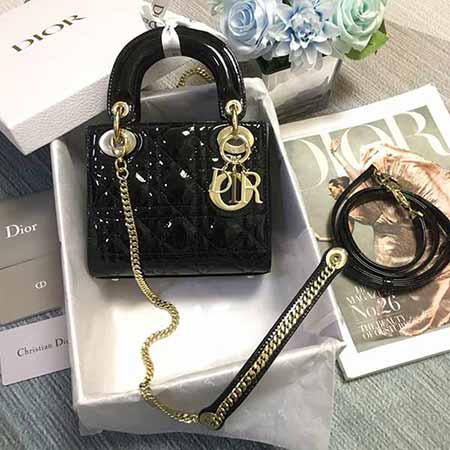 DIOR三格黑色漆皮淺金扣牛皮袋口