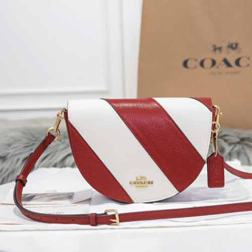 Coach蔻馳經典印花半月包紅白紋拼色斜挎包1429