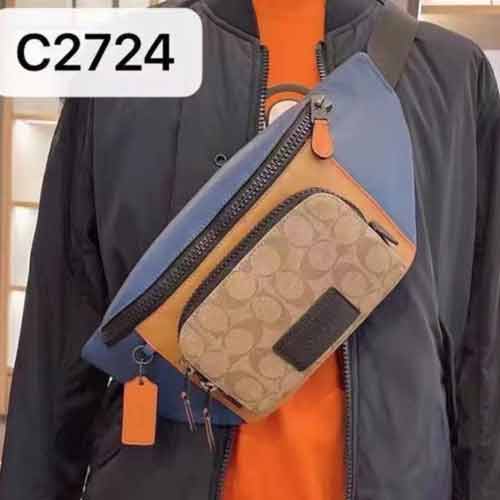 蔻馳男包印花藍(lán)白條拼色皮革單肩斜挎包