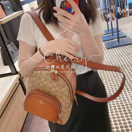 COACH復古古銅色五金涂層帆布配皮CARRIE雙肩包 1029