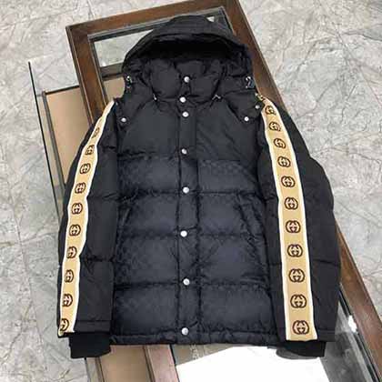 古奇男女同款織帶新元素暗雙黑色立領羽絨大衣