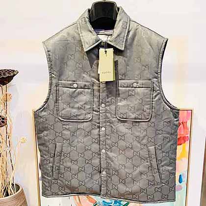 Gucci古奇秋冬新款灰色雙提花羽絨棉內里法蘭絨格仔馬甲/背心