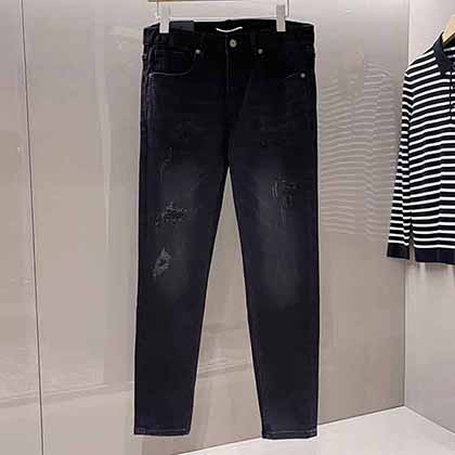 男士牛仔褲牌子YSL圣羅原單男士破洞補丁炭黑牛仔褲！