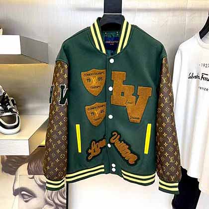 Lv秋冬款老花拼接字母刺繡L貼皮衣訂織定染飛行服夾克