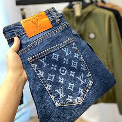LV經典服裝新品純棉藍色水洗斜紋牛仔布男士牛仔褲