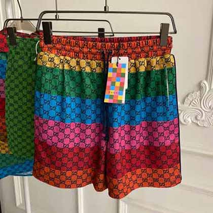 Gucci新款經典雙G圖案彩藍色絲質短褲