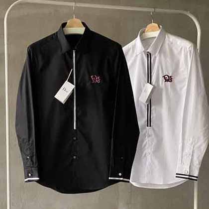 大品牌外貿男裝 CD男士經典字母彩色線刺繡時尚長袖襯衫