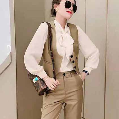 小香時尚氣質三件套襯衣收腰馬甲高腰長褲西裝套裝