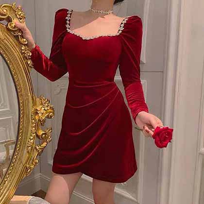 小香拼鉆邊絲絨連衣裙，名媛聚會貴族