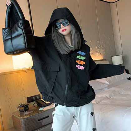 潮牌we11done早秋新款涂鴉印花連帽風(fēng)衣中長款外套