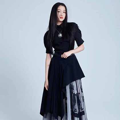 DIO七分袖襯衫 棉布拼接網(wǎng)紗印花壓褶中長款不規(guī)則半