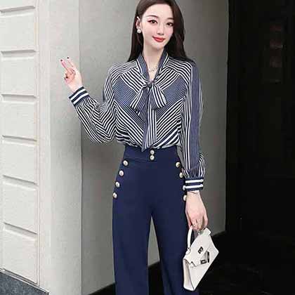 小香秋款飄帶套頭上衣釘扣長褲套裝