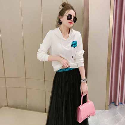 愛馬新款名媛氣質愛馬印花口袋拼接連帽寬松太