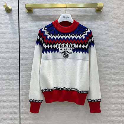 冰球場線條紅藍主題圖案嵌花圓領針織毛衣！