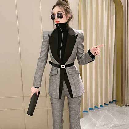 早秋撞色西裝套裝，翻領收腰外套高腰