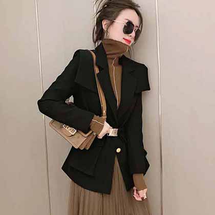 2022秋冬新款西裝網紗裙套裝，收腰翻領西裝外套