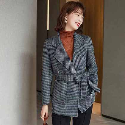 復古高等千鳥格綁帶毛呢外職場氣質通勤西裝