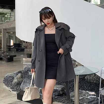 海軍領雙面呢寬松慵懶風雙排扣毛呢風衣