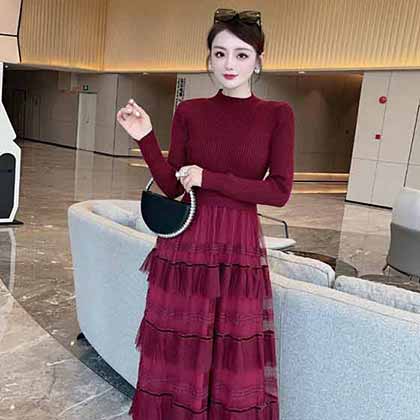 秋冬新款原創設計毛紗拼接網紗壓褶蛋糕裙