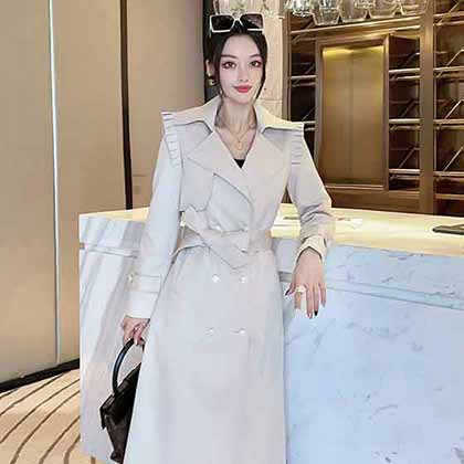 時尚歐貨中長款風衣外套荷葉邊設計風衣