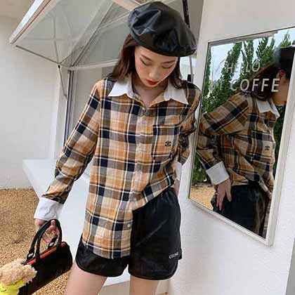 CELIN新款 懷舊復(fù)古棕黃格純棉布襯衫