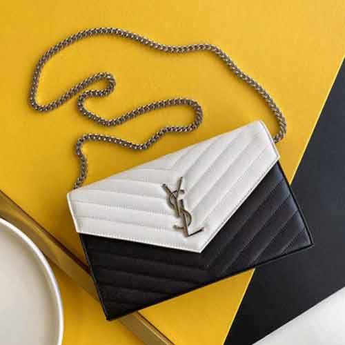 祥茂皮具代買YSL黑金魚子醬翻蓋郵差包 圣羅蘭woc鏈條信封包