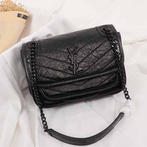 圣羅蘭NIKI中號黑色女包 YSL復古褶皺單肩鏈條包