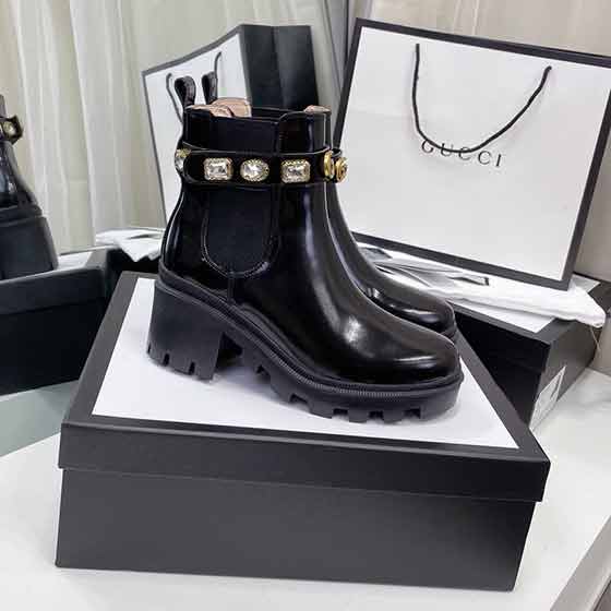 gucc品牌女全牛皮高幫靴 古奇官網時裝女靴騎士靴