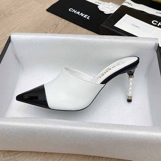 中國鞋網(wǎng)Chane 尖頭高跟小香coco珍珠跟拖鞋/