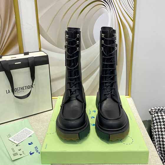 offWhite首發早秋冬靴真皮中筒靴，金屬扣系鞋帶！